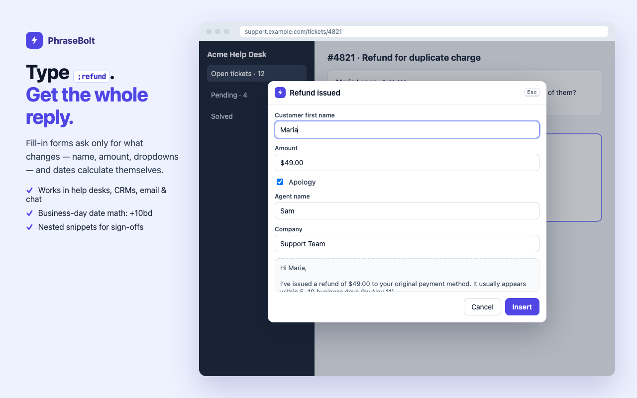 Typing ;refund in a help desk reply opens a PhraseBolt fill-in form with name, amount and a live preview