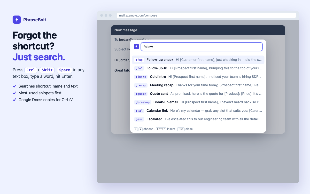 PhraseBolt search palette listing snippets that match the word follow